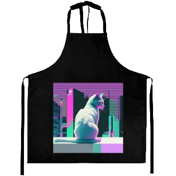 Discover Vaperwave Aesthetic Glitch Cat Retrowave Synthwave Aprons