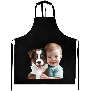 Discover Sweet baby smiling with lovely puppy Aprons