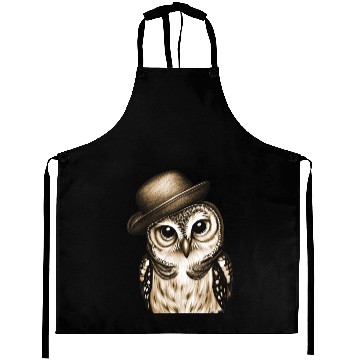 Discover owl wearing derby hat - brown color Aprons