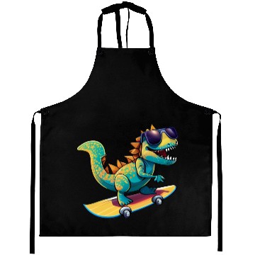 Discover Cute Dinosaur with sunglasses skating skateboard Aprons