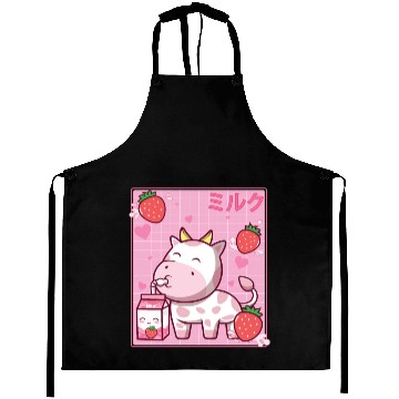 Discover Kawaii Pink Strawberry Cow Milk Shake Otaku Anime Aprons