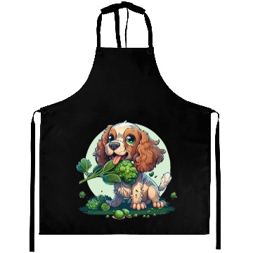 Discover Cute dog eats green broccoli vegetables Aprons