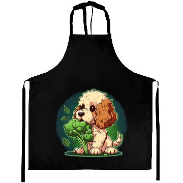Discover Cute dog eats green broccoli vegetables Aprons
