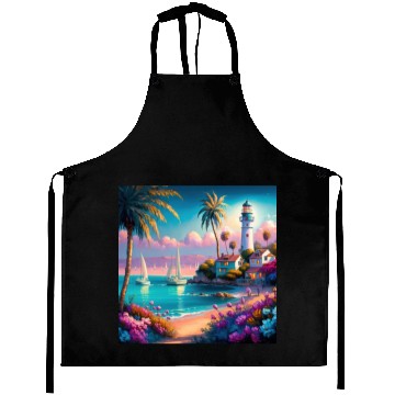 Discover Colorful Tropical Island Beach Sunset Lighthouse Aprons