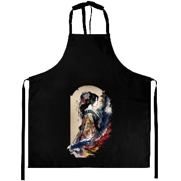 Discover Geisha Watercolor Sea Waves Asian Art Woman Aprons