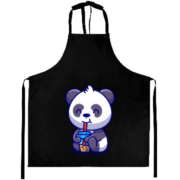 Discover Cute Panda Sipping Boba Milk Tea Cartoon Aprons