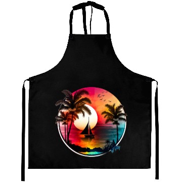 Discover Beach Sunset Sailboat Palm Trees Ocean Vacation 1 Aprons