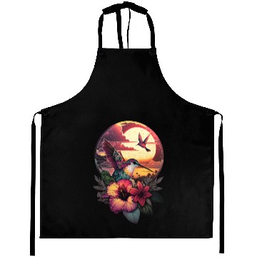 Discover Hummingbird flies over hibiscus flower Tropical Aprons