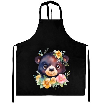 Discover Black and Brown Forest Bear Watercolor Floral Aprons