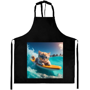 Discover A cute cat surfing in the blue water Aprons