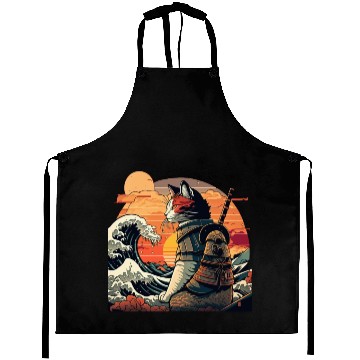 Discover Retro samurai cat The Great Wave Hokusai Aprons