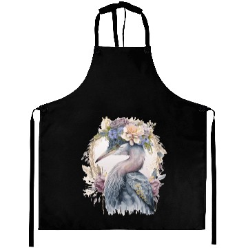 Discover Watercolor Heron Freshwater Bird Watching Flower C Aprons