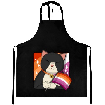 Discover Cute Tuxedo Cat Holding Lesbian Pride Flag Aprons