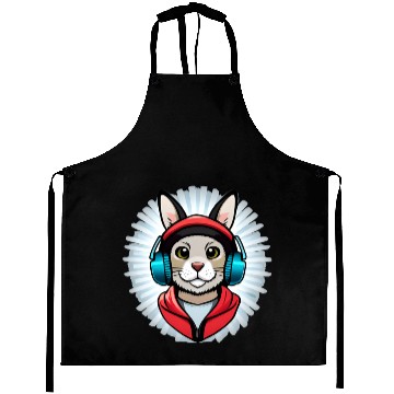 Discover cute rabbit with headphones black Aprons