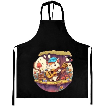 Discover Cute Kawaii Cat Playing Guitar Banjo On Log Aprons