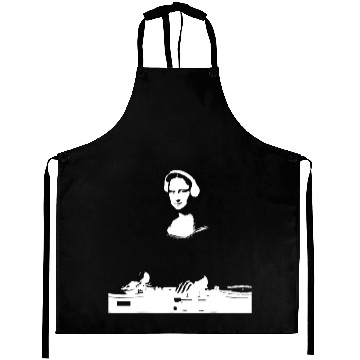 Discover Dj Mona Lisa with Dj Headphone behind a dj table Aprons