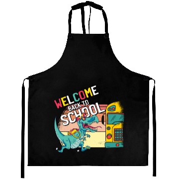 Discover Funny T-Rex Running to School Bus Welcome Back to Aprons