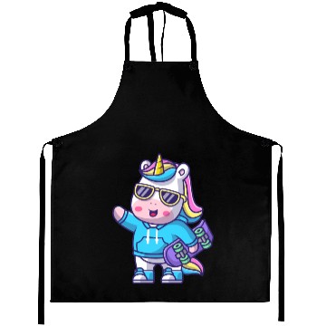 Discover cute cool unicorn holding skateboard cartoon Aprons