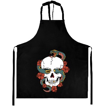 Discover Human skull, snake and hibiscus flower. Aprons