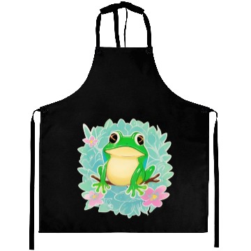 Discover Cute Little Tree Frog on a Floral background Aprons