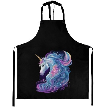 Discover Unicorn with flowing mane surrounded by stars Aprons