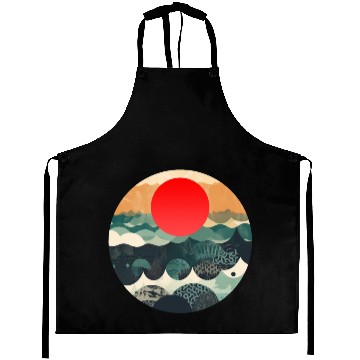 Discover Red sun Japanese Art Inspired Patterned Ocean Aprons