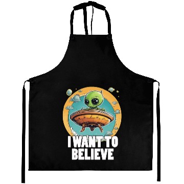 Discover I WANT TO BELIEVE cute alien in spaceship Aprons