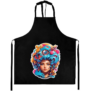 Discover Psychedelic girl with multi color hair. futuristic Aprons