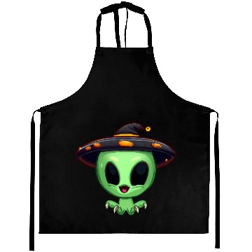 Discover Green Alien Celebrates Halloween Aprons
