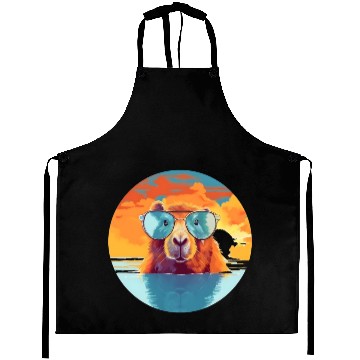Discover Sunset Serenity: Rustic Capybara Stripe Illustrate Aprons