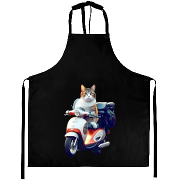 Discover 3D cute adorable white cat rides a red motorcycle Aprons