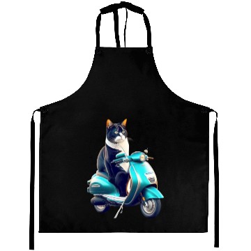 Discover 3D cute funny black cat rides a blue motorcycle Aprons