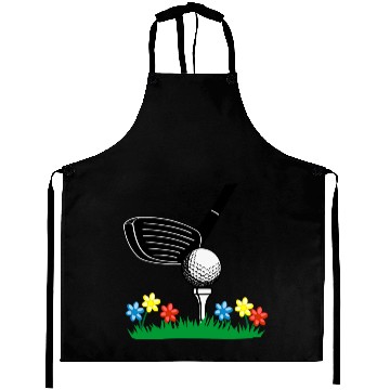 Discover Golf stick and ball on grass field with flowers Aprons
