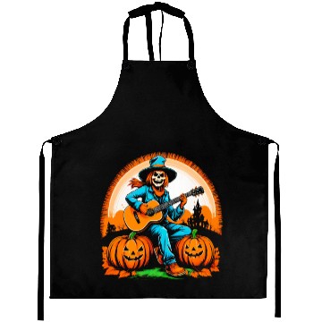 Discover Happy Halloween scarecrow plays guitar Aprons