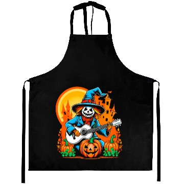 Discover Happy Halloween scarecrow plays guitar Aprons
