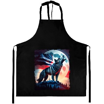 Discover America wolf under Moon with American Flag Aprons