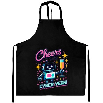 Discover Retro Robot New Year's Toast - Cyber Champagne Fun Aprons