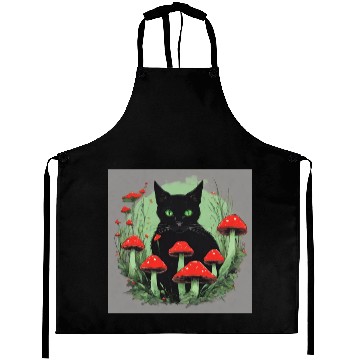 Discover Black Cat and Wild Red Mushrooms Aprons