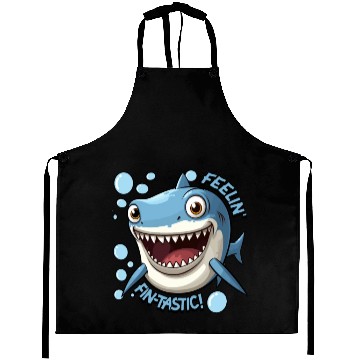 Discover Funny Happy Cartoon Shark Feelin Fin-Tastic Aprons