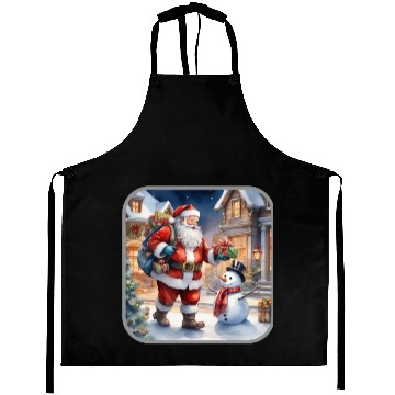Discover Santa Claus and a snowman distributes gifts. Aprons