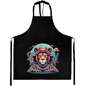 Discover Cartoon lion warrior with a hat Aprons