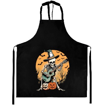 Discover Spooky Serenade: Halloween Skeleton Playing Guitar Aprons