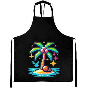 Discover Digital Beach Getaway: Pixel Palm Paradise Aprons