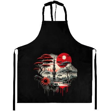 Discover Japanese style artwork with a temple and sun Aprons