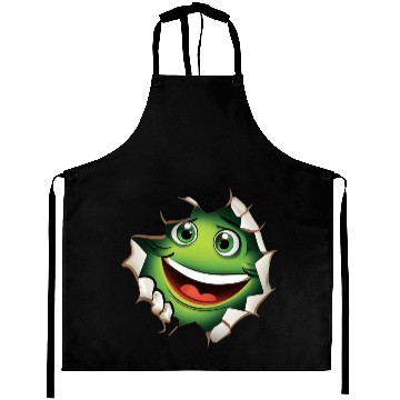 Discover Cute Happy Green Monster Peeking Out Of a Hole Aprons
