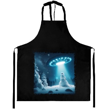 Discover UFO Beams Snowman in Winter Night Aprons