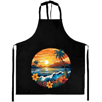 Discover Retro Surfboard Design Flowers Palm Trees Ocean Aprons