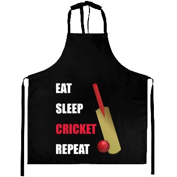 Discover Eat Sleep Cricket Repeat Red and White Text Aprons
