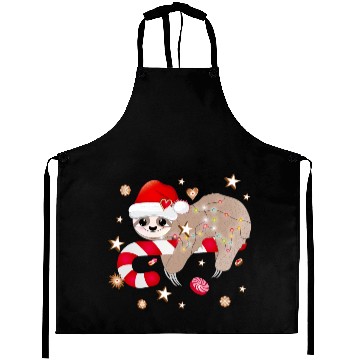 Discover funny sloth with candy cane for Christmas Aprons