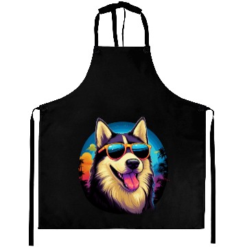 Discover Retro Wave Husky Dog Aprons